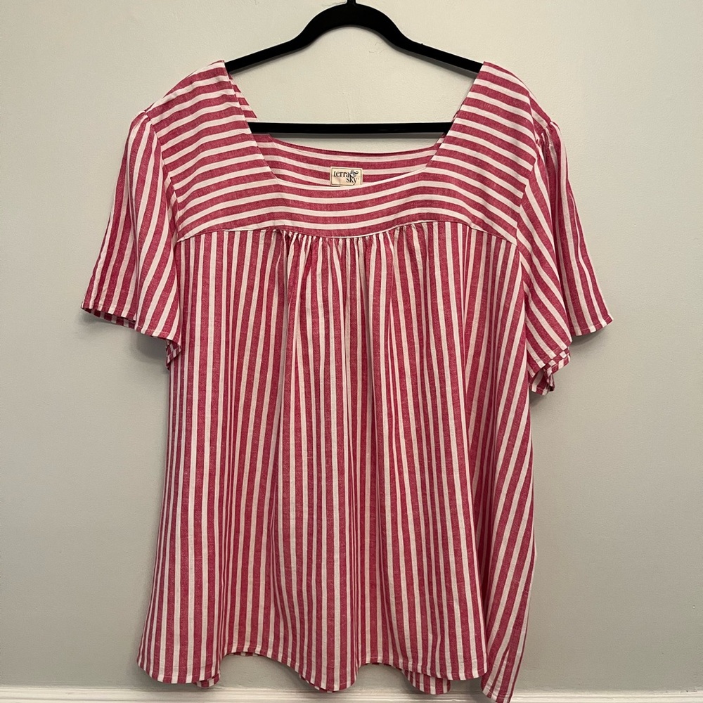 Terra & Sky Linen Blend Short Sleeve Striped Peasant Top, Size 3X